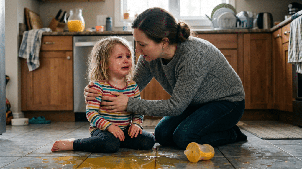 child spilled drink mom comforting child